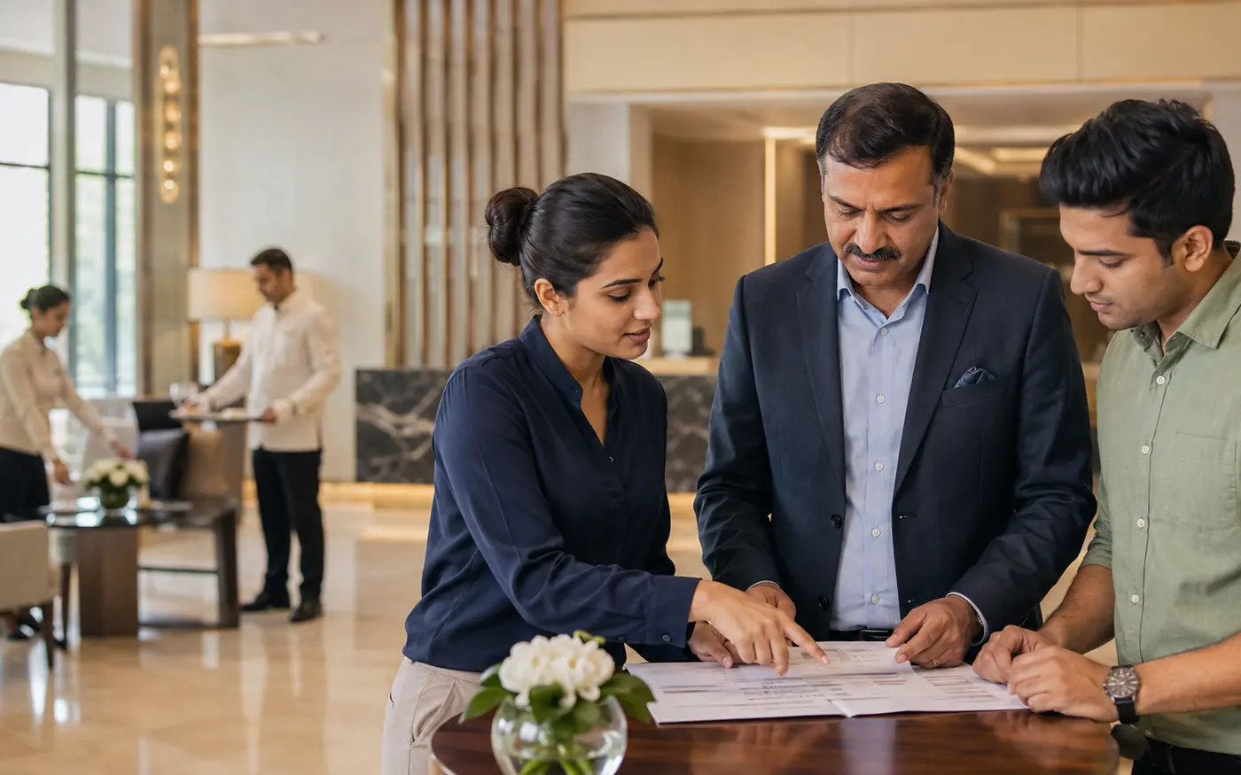 Indian hospitality operations team reviewing a site and workforce plan