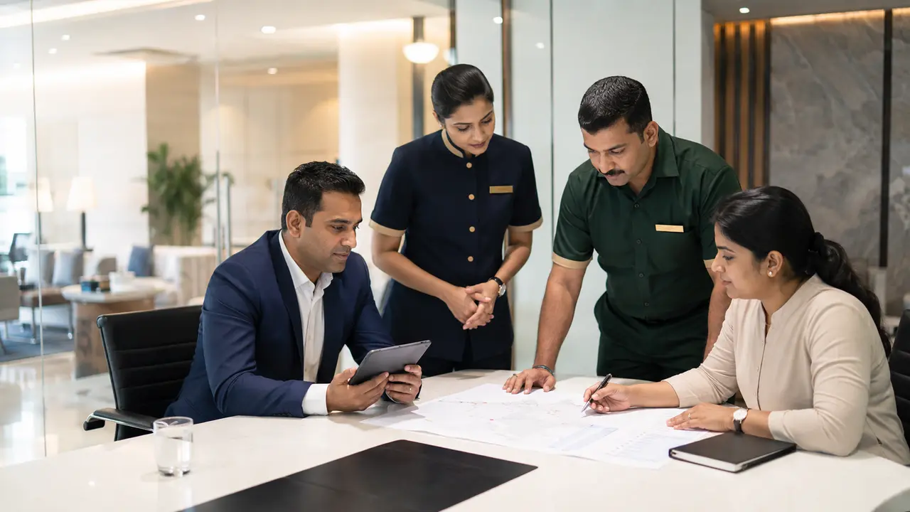 Indian operations team coordinating hospitality and manpower deployment requirements