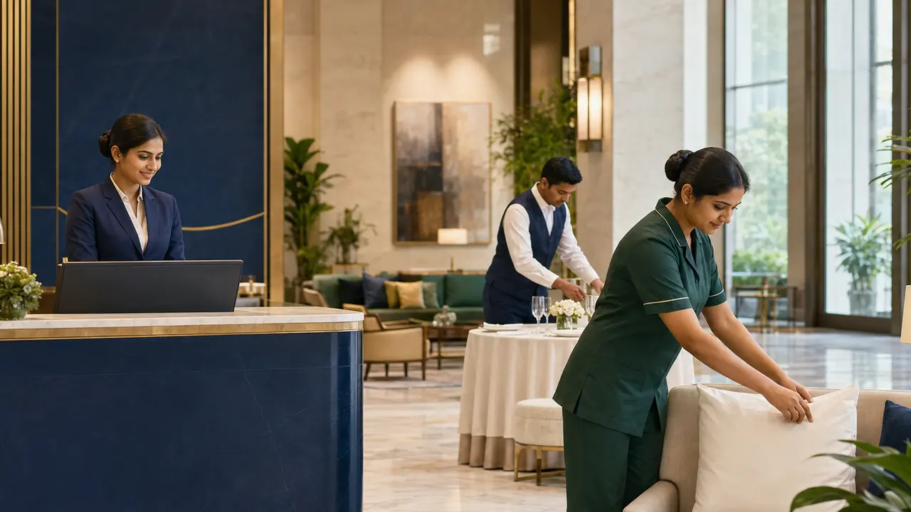 Illustrative hospitality team coordinating front office, housekeeping and event service operations