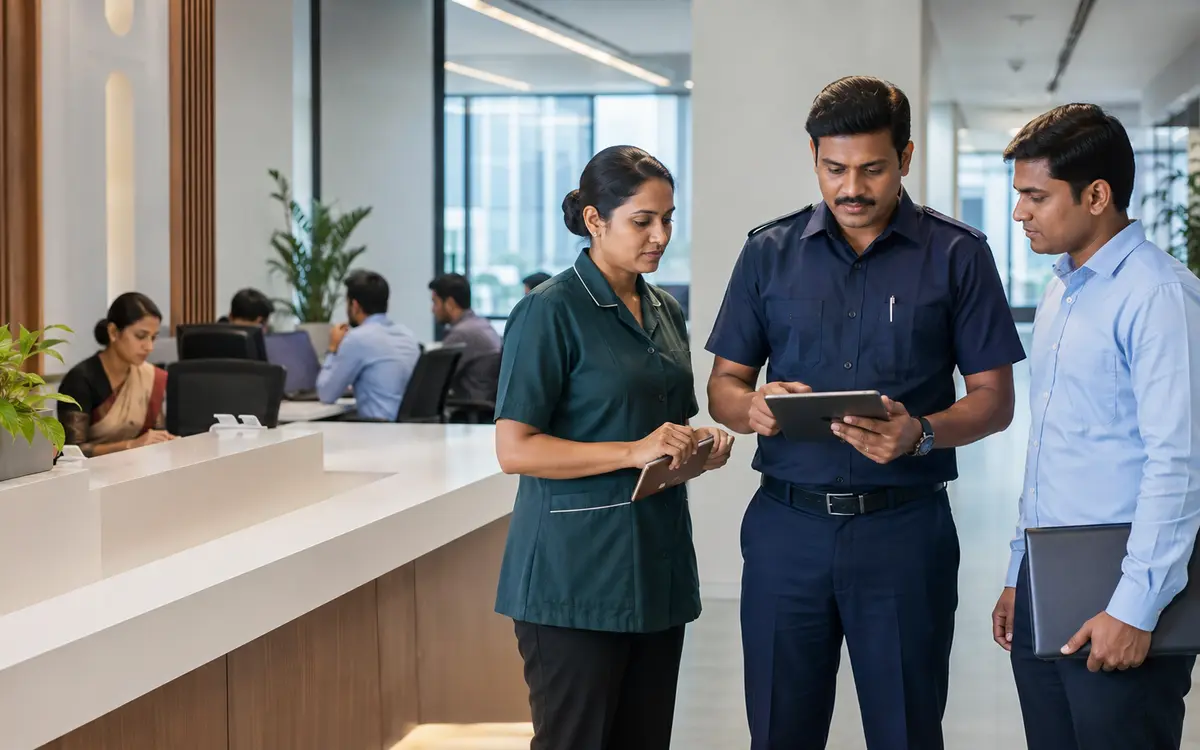 Indian facility supervisor coordinating professional support staff in a corporate office