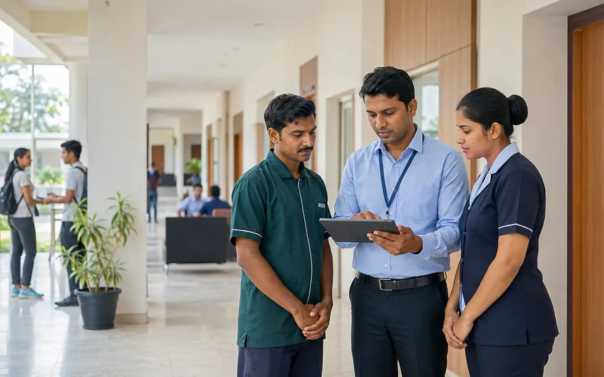 Indian campus coordinator briefing facility and front-office support staff