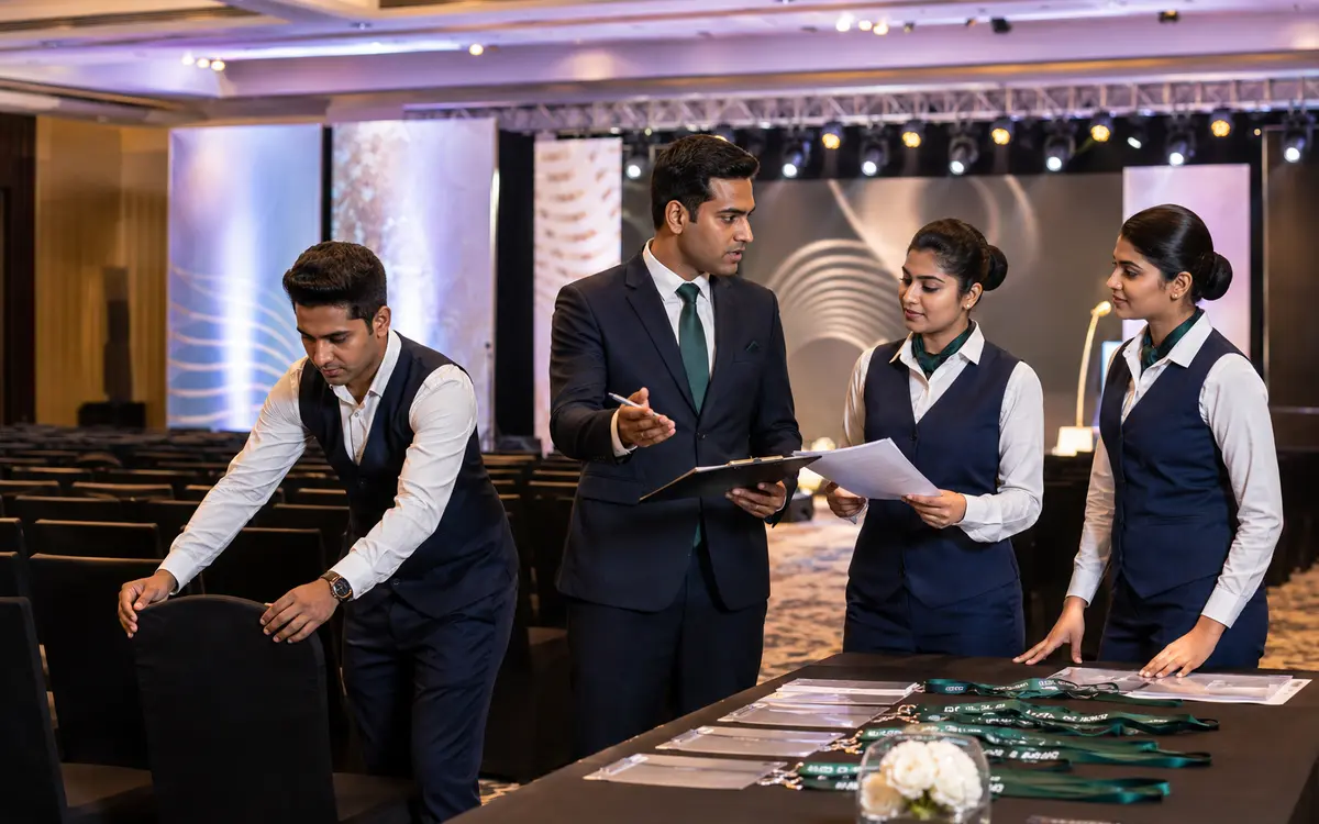 Indian event operations team preparing a corporate conference venue