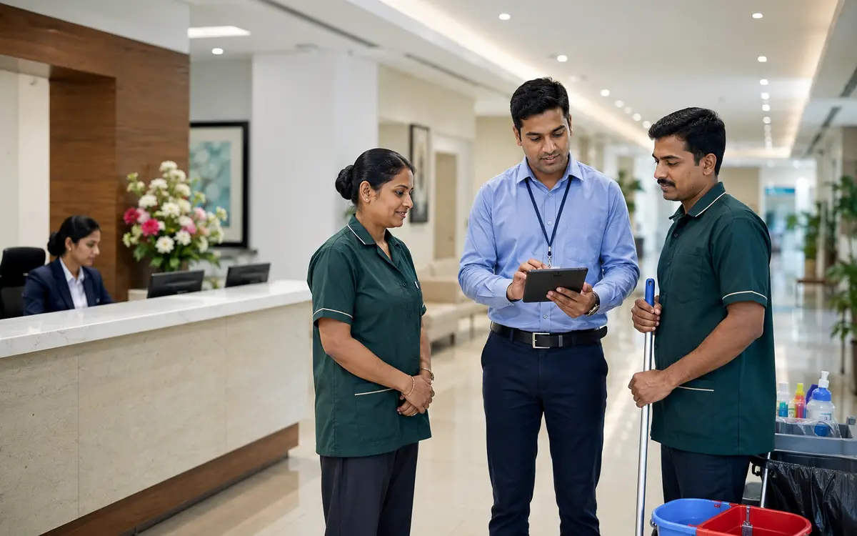 Indian non-clinical facility team coordinating housekeeping support in a healthcare facility