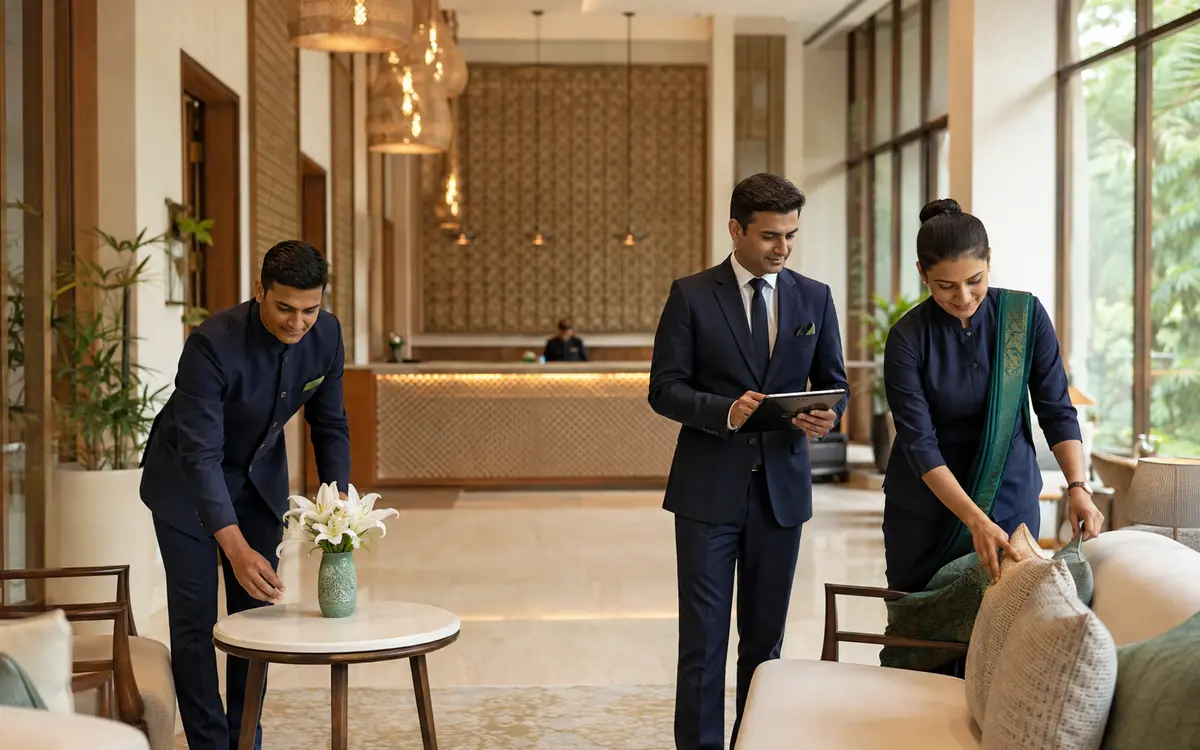 Indian hospitality team preparing an upscale hotel guest area