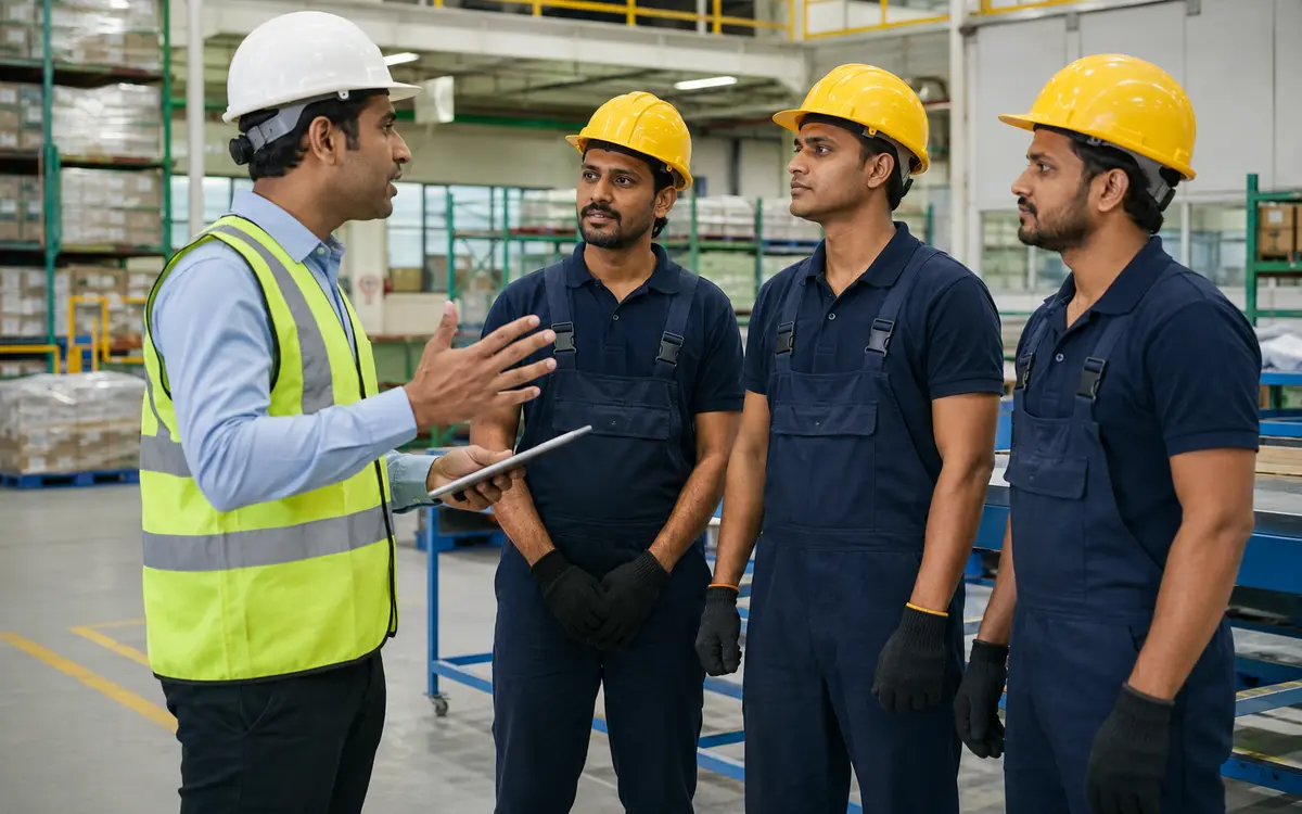 Indian operations supervisor briefing skilled workers inside an industrial facility