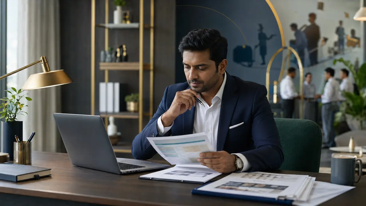 Illustrative business professional reviewing hospitality and manpower service plans