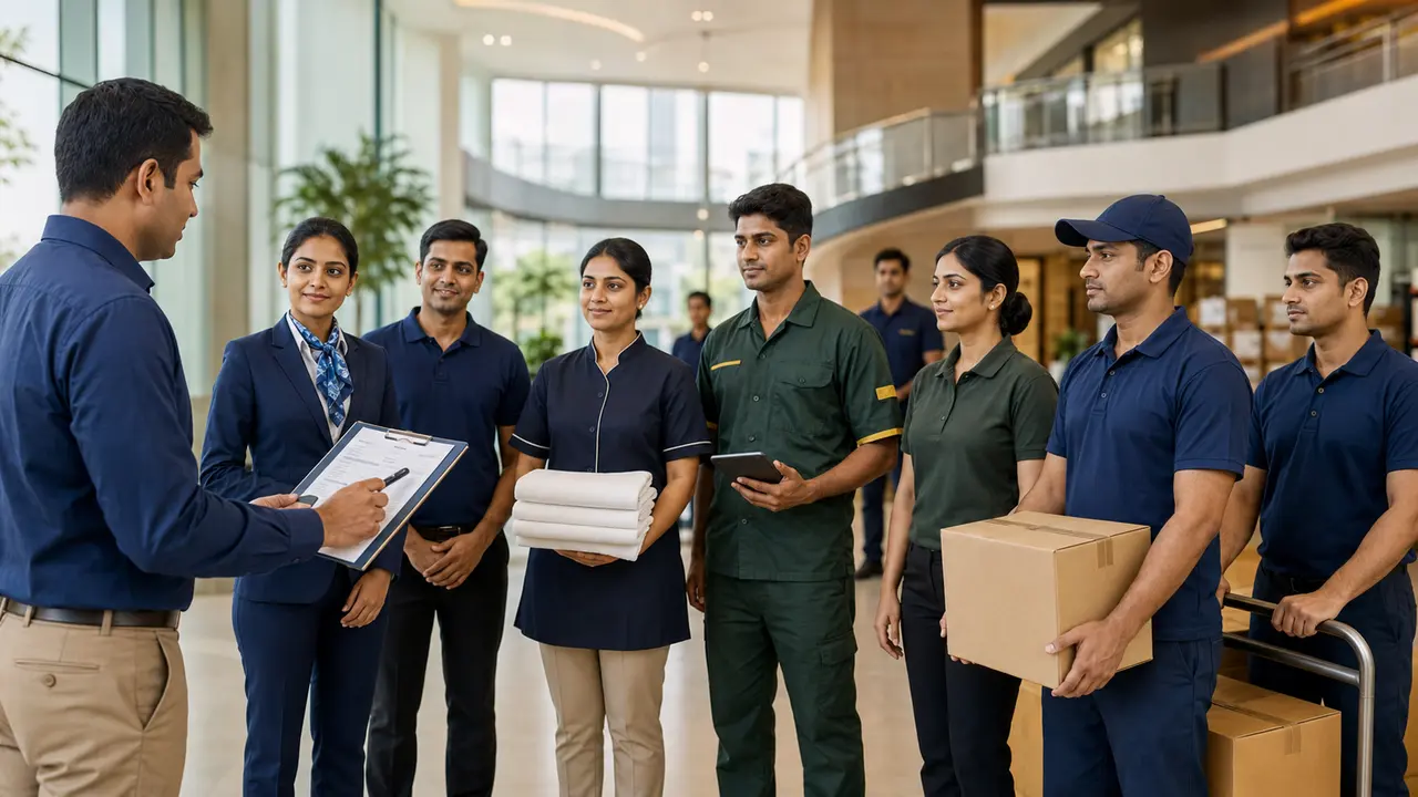 Illustrative workforce deployment briefing for hospitality, facilities and logistics support roles