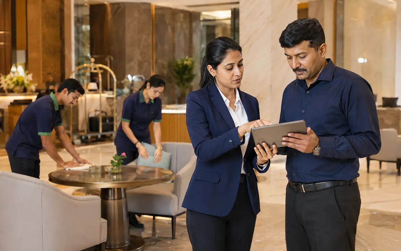 Indian hospitality quality coordinator and site supervisor reviewing service readiness with a support team